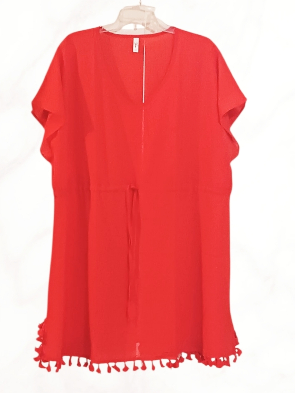 Orange/Red Cover-up Tunic With Tassel Hem & Pull Tie-Waist. 2XL